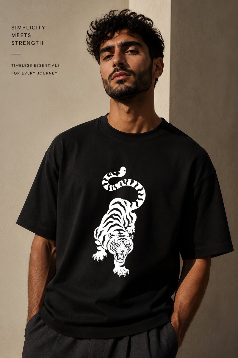 Men's Oversized Black Tiger Graphic T-Shirt Casual Short Sleeve Crew Neck Streetwear Tee - Image 1