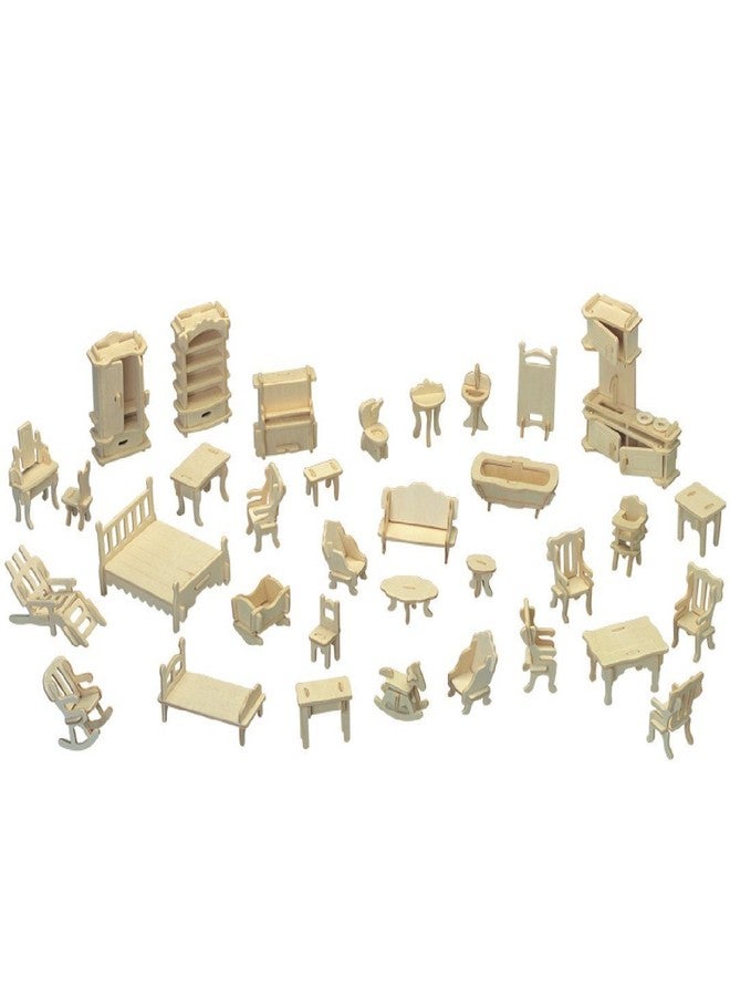 CUTEROOM Dollhouse Furniture - Laser Cut Wooden 3D Puzzle Miniature Doll House Kit House Furniture Set - 34 Pieces - Image 1
