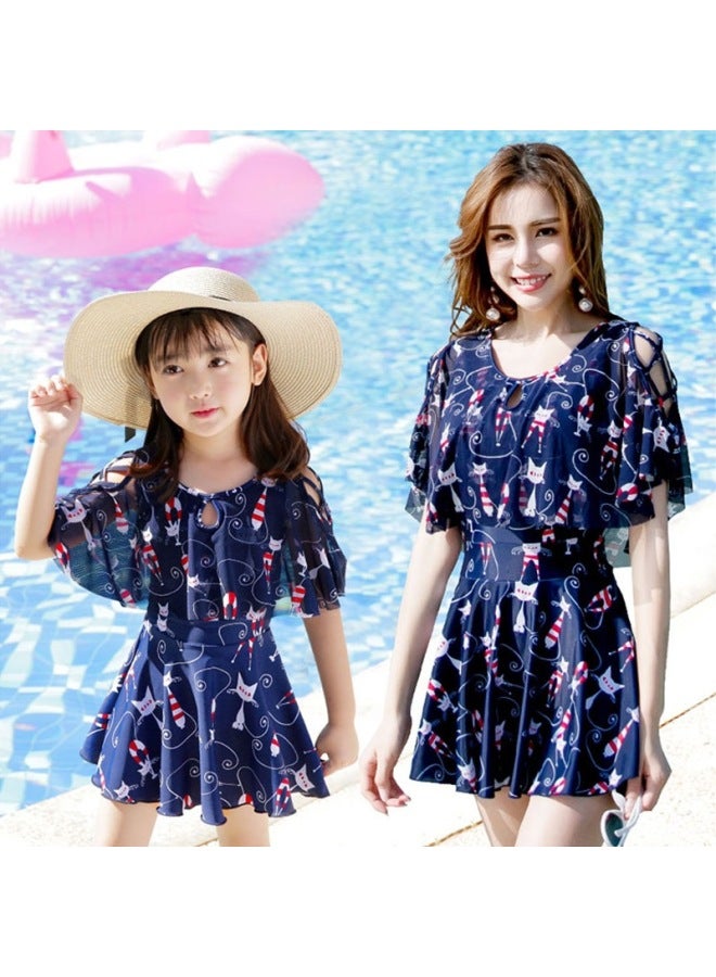 Loquat Parent-child Swimsuit Mother And Daughter Split Fashion Meat-covering Children's Swimsuit Girl Princess Dress Girl Hot Spring Swimsuit-Color:Children's Purplish Blue + Five-piece Set- - Image 2