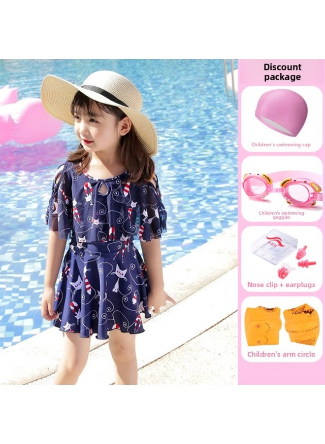 Loquat Parent-child Swimsuit Mother And Daughter Split Fashion Meat-covering Children's Swimsuit Girl Princess Dress Girl Hot Spring Swimsuit-Color:Children's Purplish Blue + Five-piece Set- - Image 1