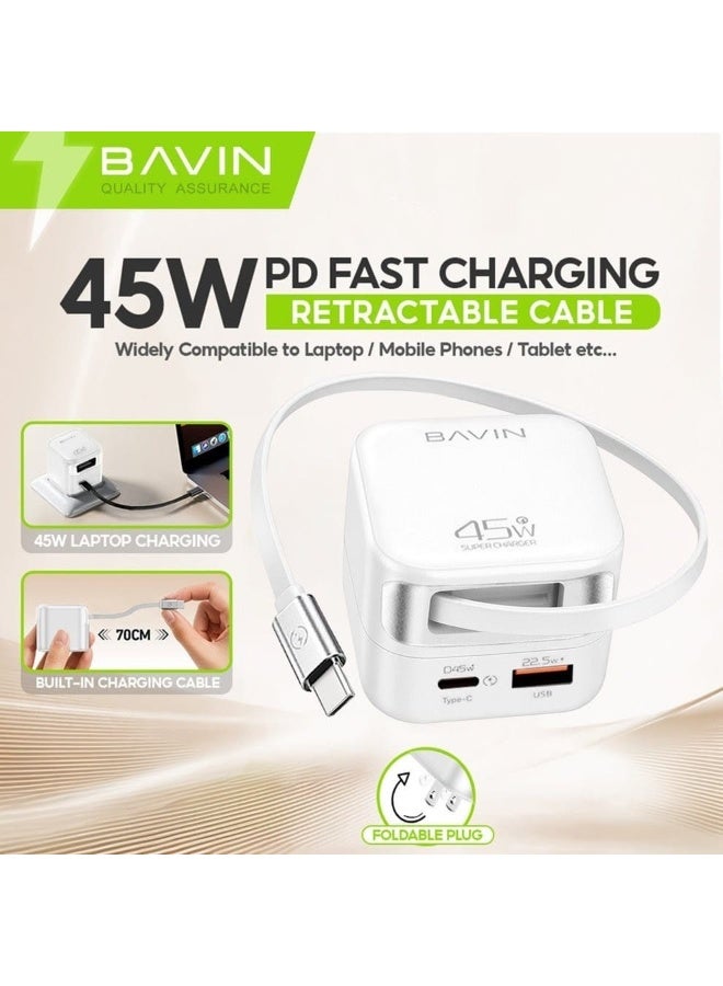 Bavin 45W QC 3.0 Portable Fast Charging Adapter with 70cm Retractable Cable for Laptops/Phones - Image 2