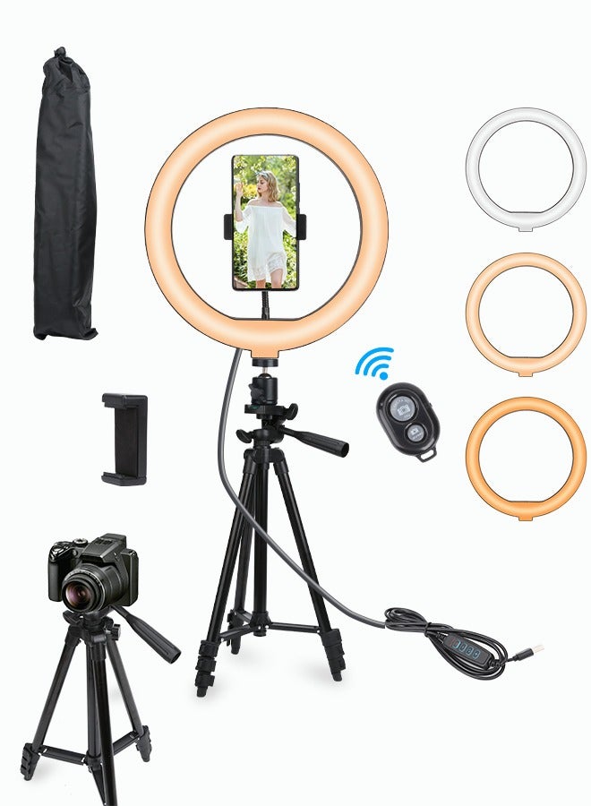 10 inch Selfie Ring Light with 50inch Extendable Tripod Stand & Phone Holders 3 Color Modes and 11 Brightness Ring Light for Makeup Video Live Streaming