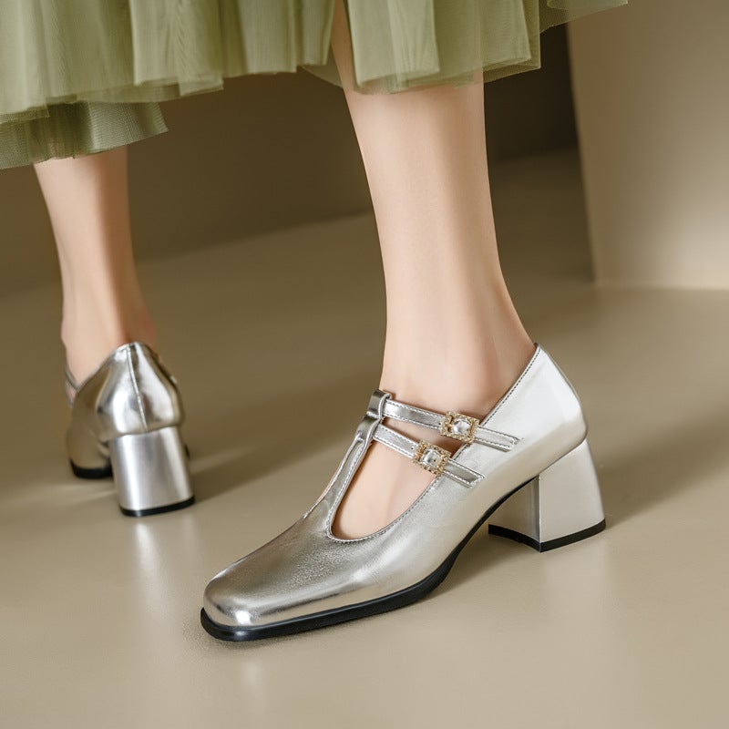 Spring 2024 British Style Square Head Comfortable Thick Middle Heel 32-46 Plus Size Square Head Supply T-Buckle Single Shoes - Image 2