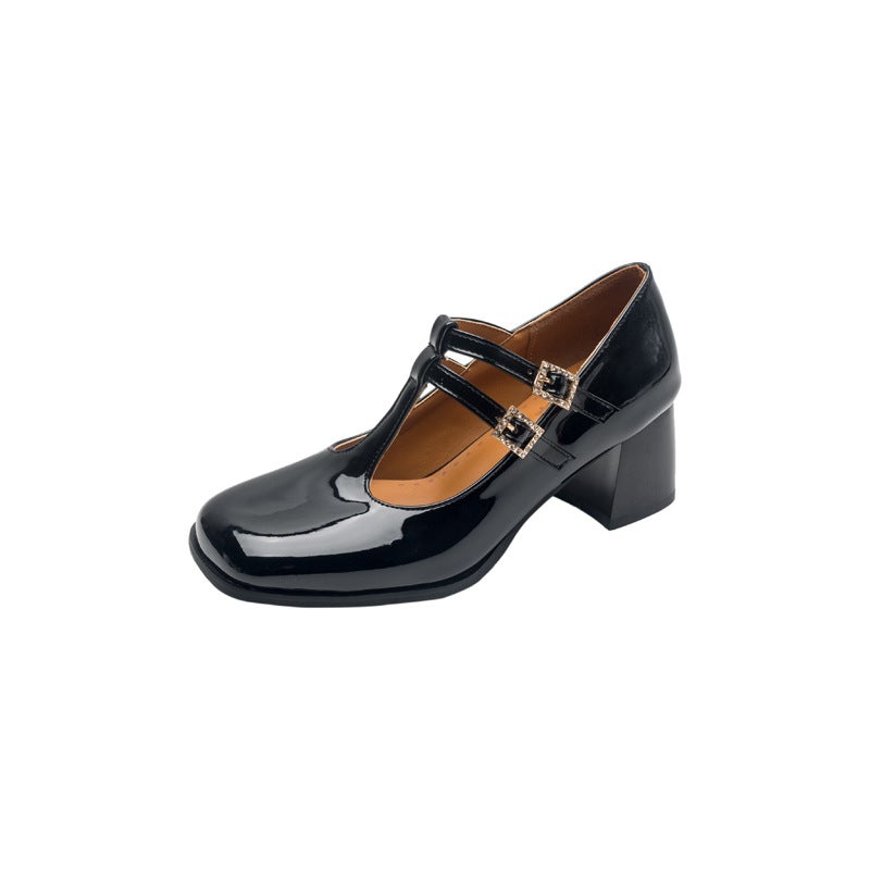 Spring 2024 British Style Square Head Comfortable Thick Middle Heel 32-46 Plus Size Square Head Supply T-Buckle Single Shoes - Image 1