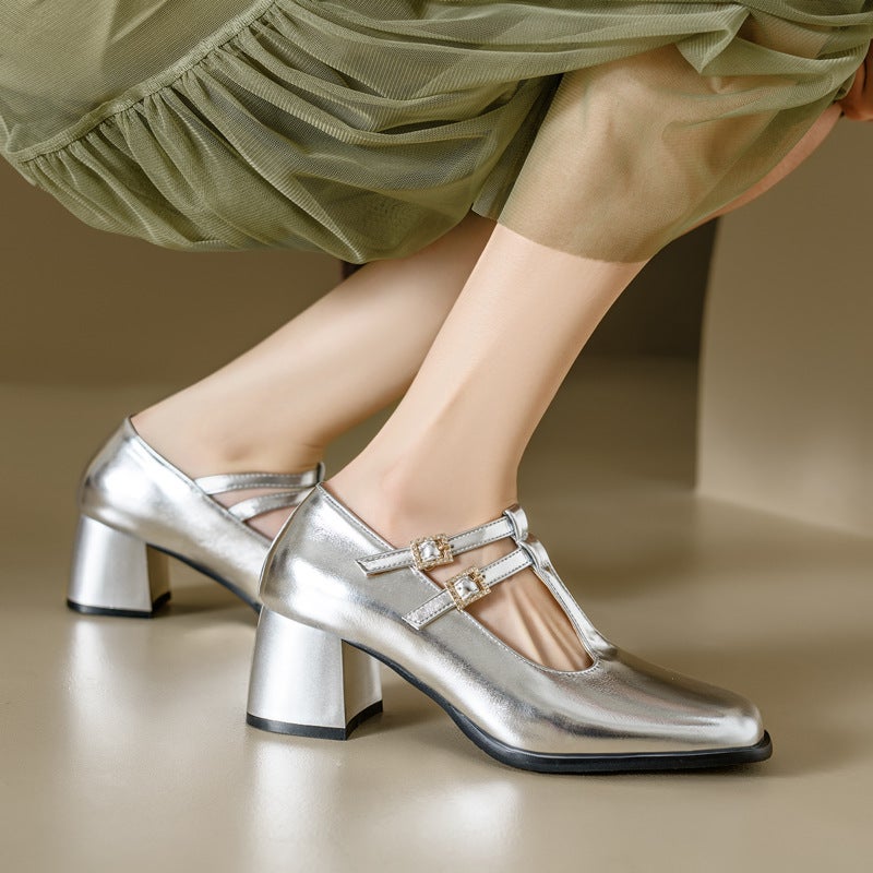 Spring 2024 British Style Square Head Comfortable Thick Middle Heel 32-46 Plus Size Square Head Supply T-Buckle Single Shoes - Image 3