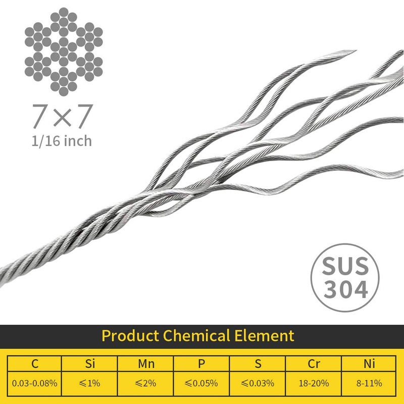 Monkemon Wire Rope, 1/16 Wire Rope, 304 Stainless Steel Cable, Aircraft Cable, Steel Wire, 328FT with 150Pcs Crimping Sleeves, Clothes Line Wires, Trellis Wire, 7x7 368lbs Breaking Strength - Image 2