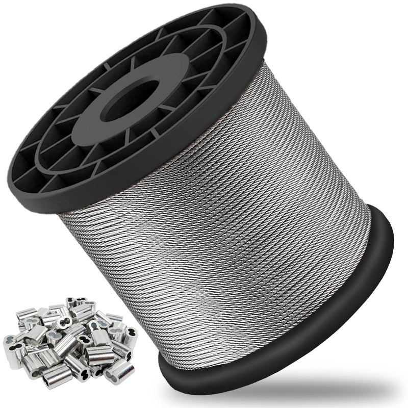 Monkemon Wire Rope, 1/16 Wire Rope, 304 Stainless Steel Cable, Aircraft Cable, Steel Wire, 328FT with 150Pcs Crimping Sleeves, Clothes Line Wires, Trellis Wire, 7x7 368lbs Breaking Strength - Image 1