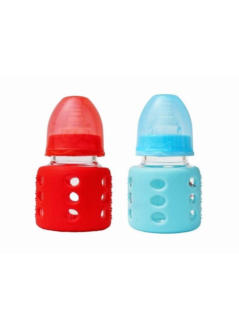 High Borosilicate Glass Feeding Bottle For Baby;Feeder For Newborn ; Super Soft Flow Control & Anti Colic Nipple For Infants;Toddlers Blue & Red (60Ml)