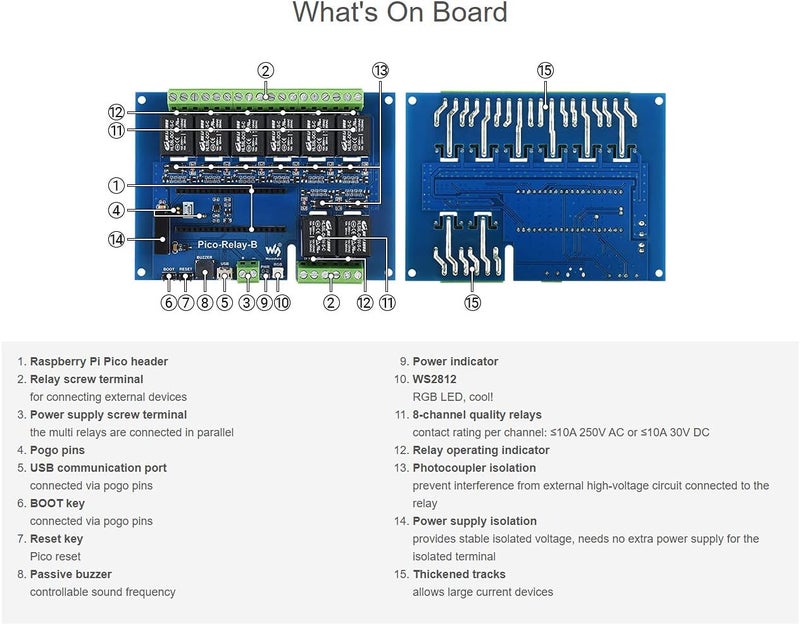 Waveshare Industrial 8-Channel Relay Module for Raspberry Pi Pico Power Supply Isolation Photocoupler Isolation - Image 5