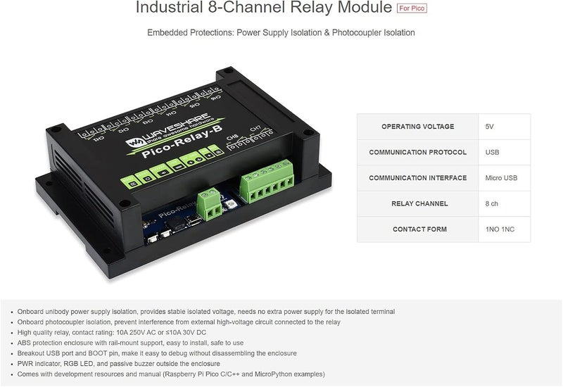 Waveshare Industrial 8-Channel Relay Module for Raspberry Pi Pico Power Supply Isolation Photocoupler Isolation - Image 3