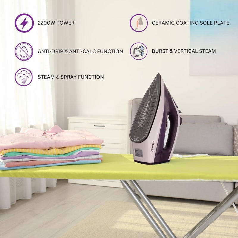DOMEA Steam Iron, 2200 Watts Power | Adjustable Thermostat, Large Water Tank, Anti Drip Function, Ceramic Sole Plate, Anti Calc & Auto Clean, Spray & Steam Setting, All Fabrics, Home Fast Iron, White - Image 4