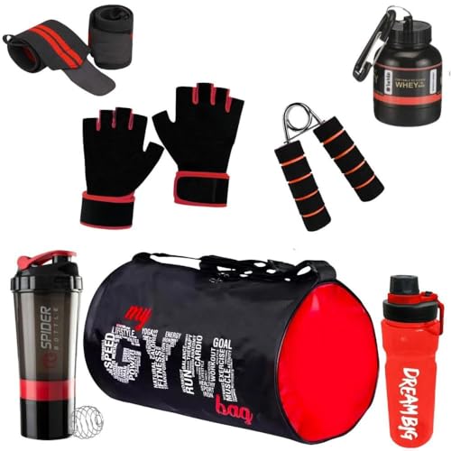 FIT FOCUS (Pack of 7) My Gym Bag Combo for Men,Shaker Bottle | Sipper Bottle Gym Gloves l Whey Container Gym kit for Men and Women Gym Bag & Fitness Kit & Premium Bag Combo (Red) - Image 1