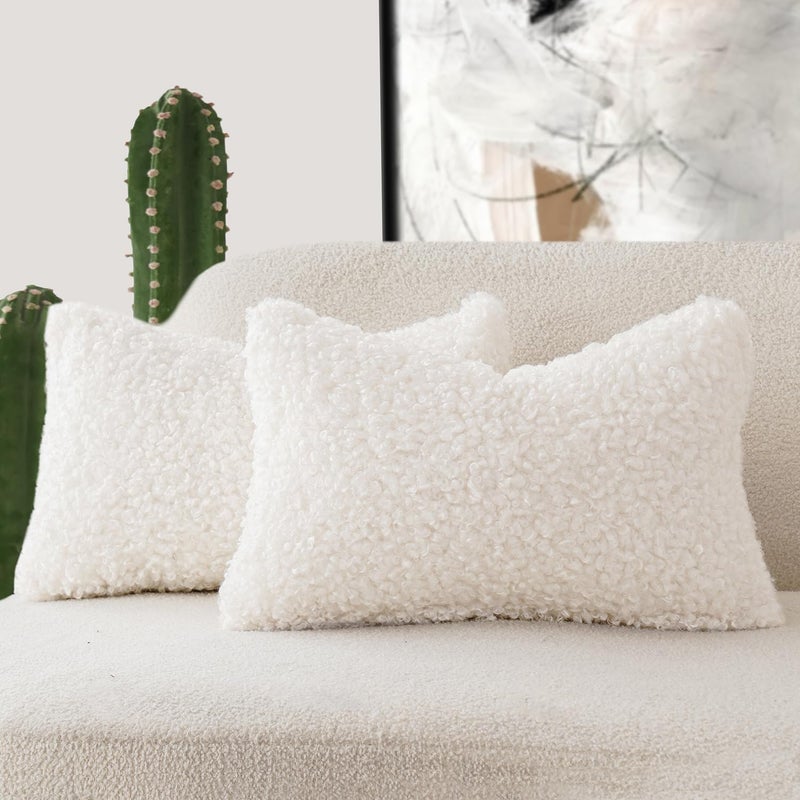 Foindtower Set of 2 Curly Teddy Wool Faux Fur Pillow Covers Decorative Boucle Textured Lumbar Throw Pillow Oblong Accent Pillowcases Sheepskin Cushion Case for for Chair and Couch 12"x20" White - Image 1