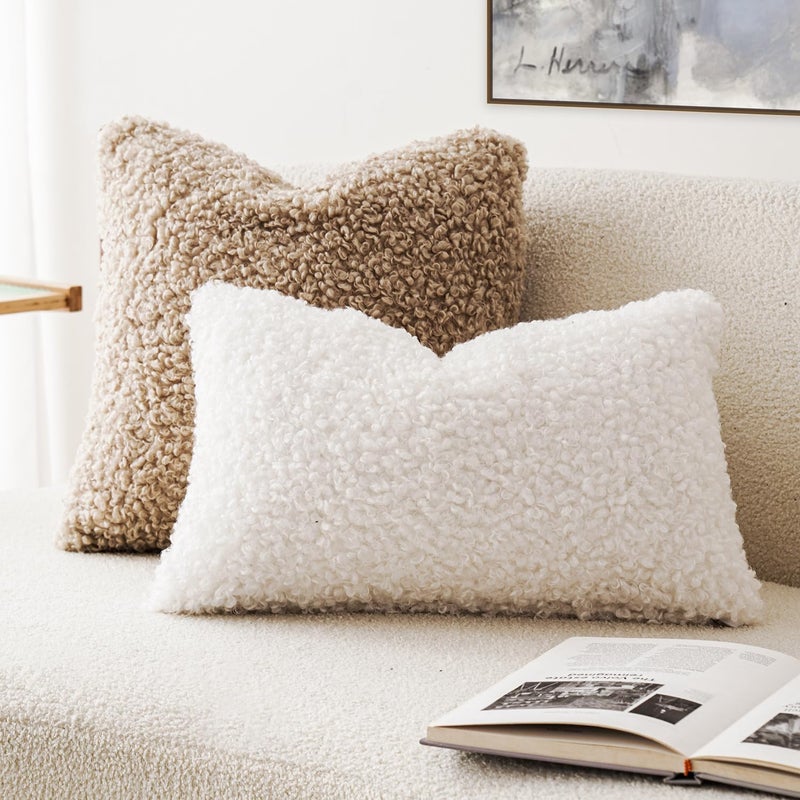 Foindtower Set of 2 Curly Teddy Wool Faux Fur Pillow Covers Decorative Boucle Textured Lumbar Throw Pillow Oblong Accent Pillowcases Sheepskin Cushion Case for for Chair and Couch 12"x20" White - Image 4