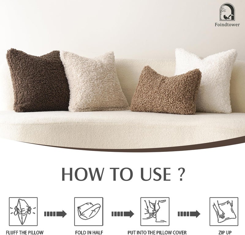 Foindtower Set of 2 Curly Teddy Wool Faux Fur Pillow Covers Decorative Boucle Textured Lumbar Throw Pillow Oblong Accent Pillowcases Sheepskin Cushion Case for for Chair and Couch 12"x20" White - Image 5