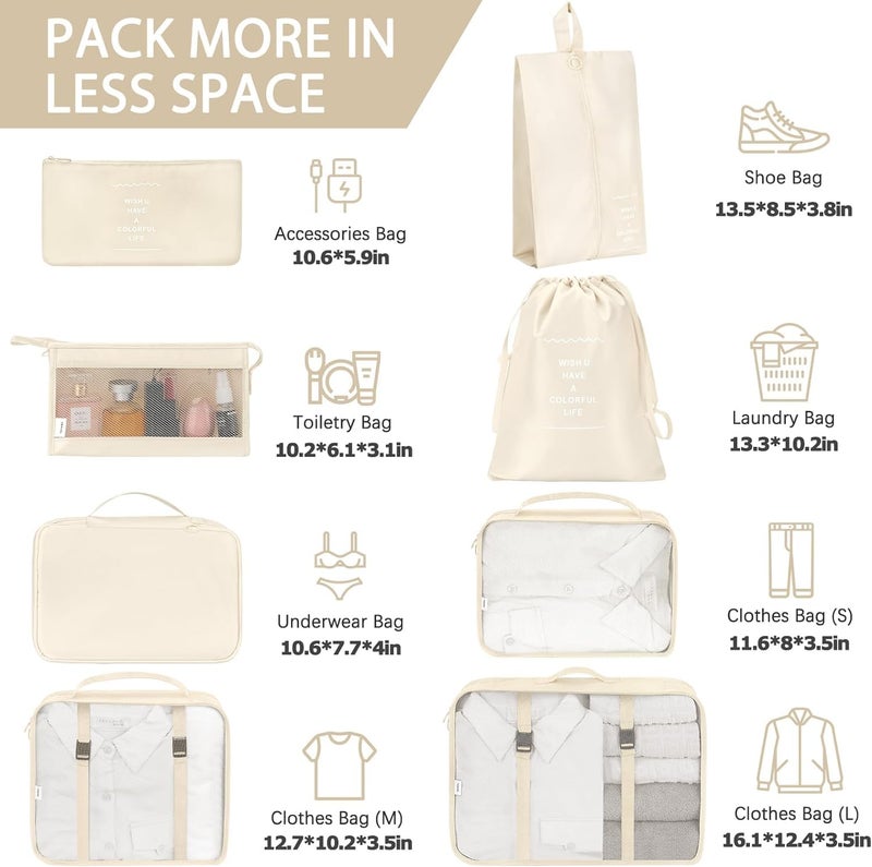 FLYNGO Nylon 8 Pcs Travel Organizer Pouch Packing Cubes For Clothes Space Savers Bags Cosmetics/Underwear/Socks/Shoes Toiletry Bag Laundry Organiser(Beige) - Image 2