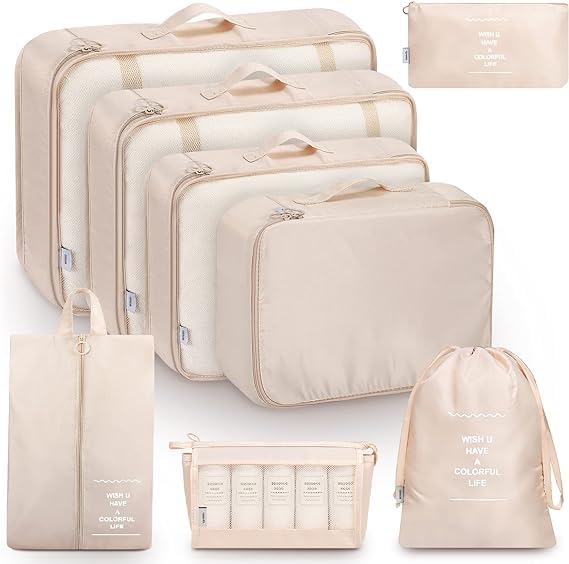 FLYNGO Nylon 8 Pcs Travel Organizer Pouch Packing Cubes For Clothes Space Savers Bags Cosmetics/Underwear/Socks/Shoes Toiletry Bag Laundry Organiser(Beige) - Image 1