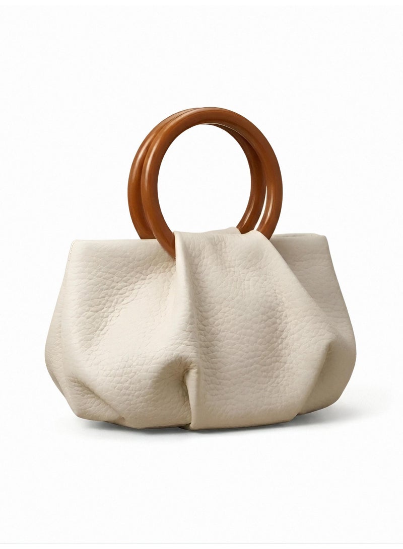 Women's Mini Cloud Handbag, Pleated Faux Leather Tote with Wooden Handles, Casual Everyday Purse - Beige - Image 1
