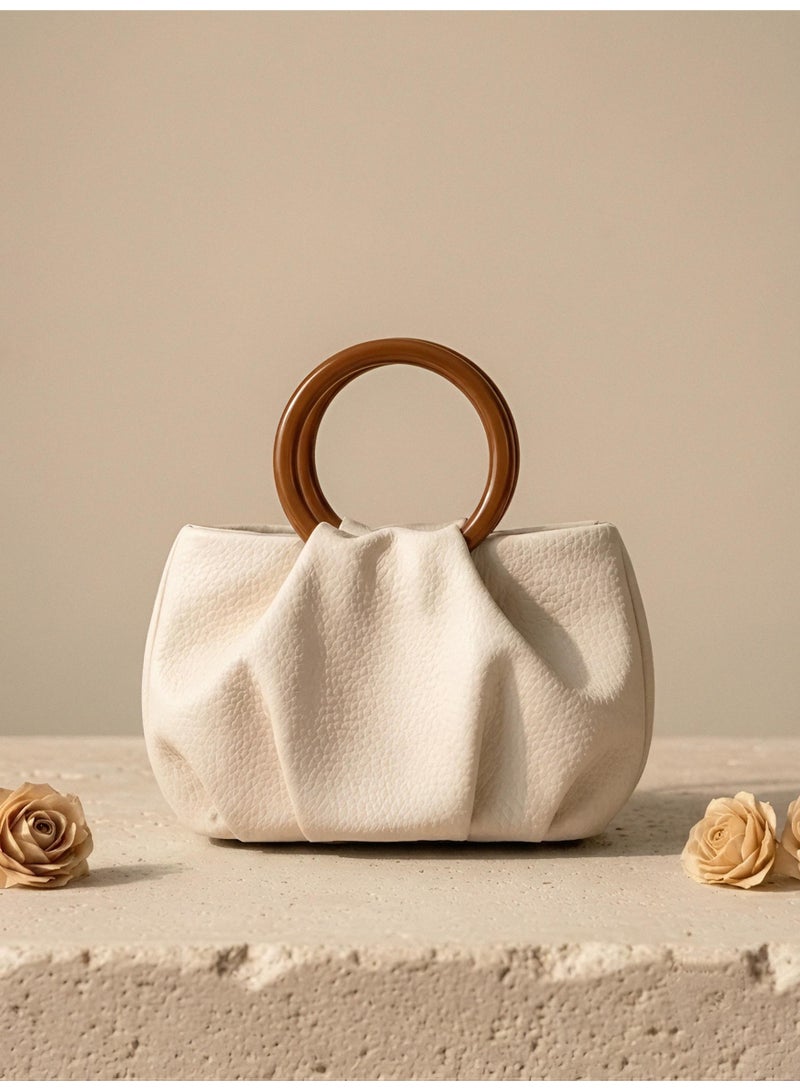 Women's Mini Cloud Handbag, Pleated Faux Leather Tote with Wooden Handles, Casual Everyday Purse - Beige - Image 2