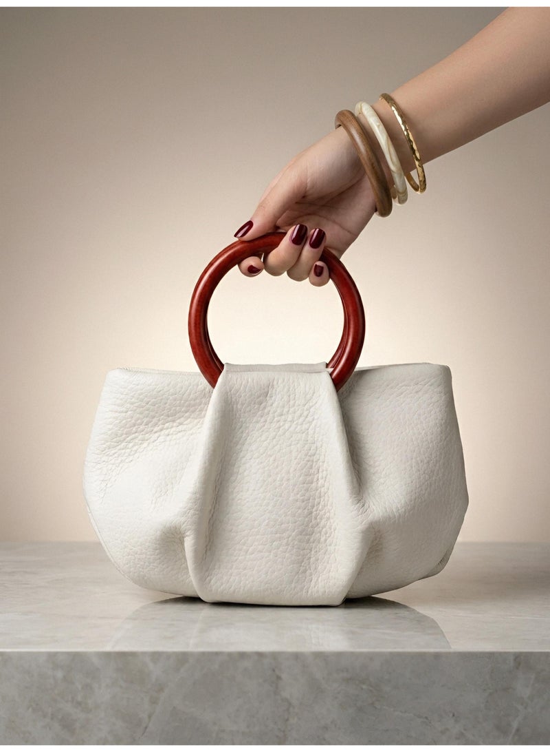 Women's Mini Cloud Handbag, Pleated Faux Leather Tote with Wooden Handles, Casual Everyday Purse - Beige - Image 5