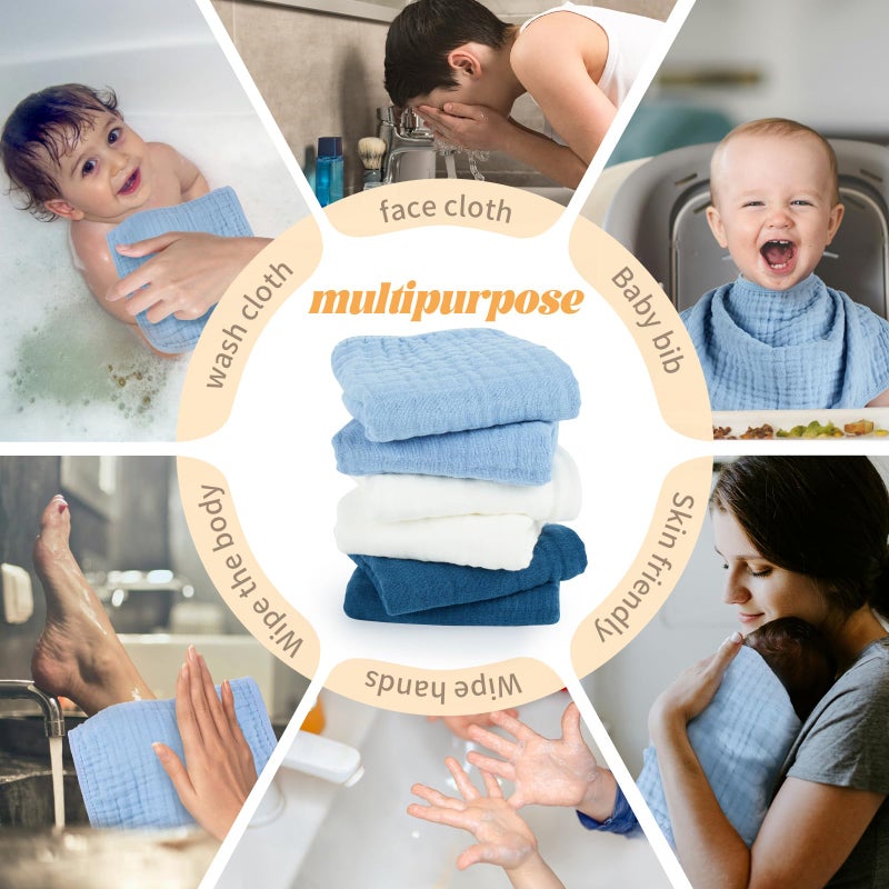 MIGIOL Baby Burp Cloth 100% Cotton Newborn Cotton Muslin Burp Cloth 10x20 inches (White & Blue 6 Pieces) - Image 4