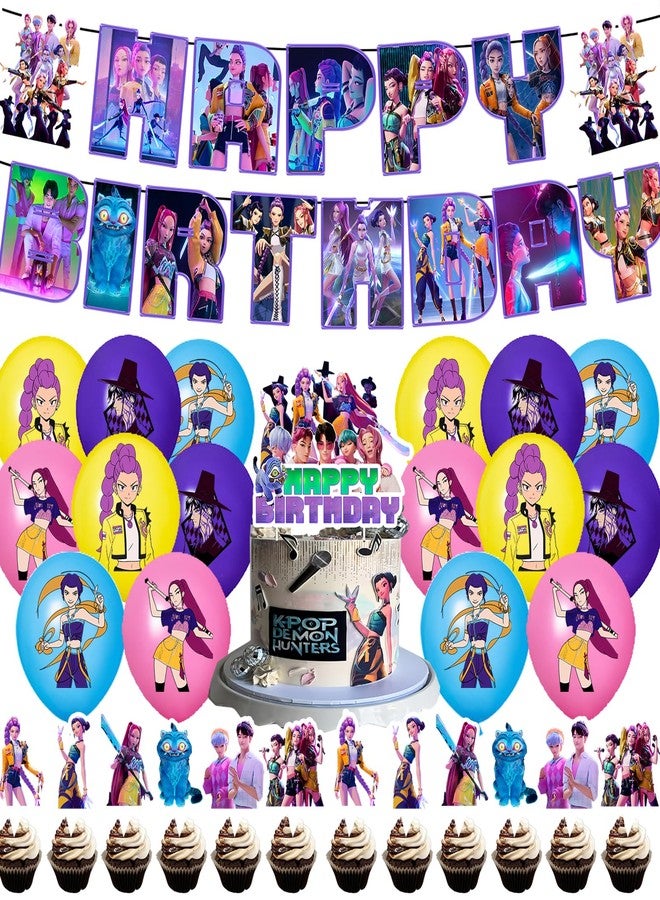 HighMount 44Pcs Demon Movie Hunters Birthday Party Decorations Set - Korean Kpo-p Girls Anime Music Idol Huntrix Band Supplies Include Balloons, Banner, Cake Topper & Cupcake Toppers for Fans Lover Girls Boy - Image 1
