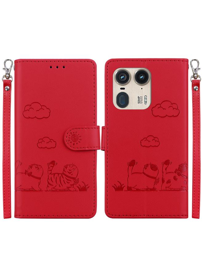 اس-توب جراب لهاتف موتورولا إيدج 50 مصنوع من الجلد بتصميم قطط لطيفة للغاية بتقنية RFID - Image 1