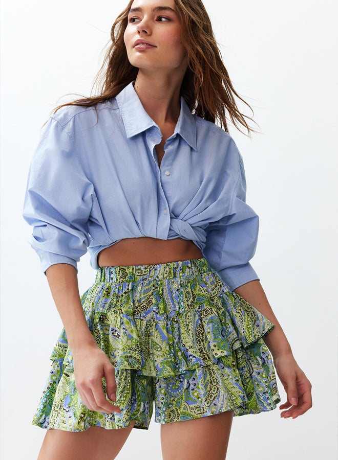 trendyol Shawl Pattern Ruffle Waist Elastic Detail Viscose Woven Shorts  - Image 2