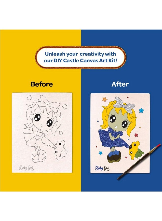 Mini Leaves Mini Leaves Colour Me Baby Girl DIY Canvas Art Kit 8 x 6 Inch with Wooden Easel, Premium Paint kit for Kids 6+ Years, Brush, Glitters | Beginner DIY Canvas Kit for Kids Ages 6-8- Single Piece  - Image 3
