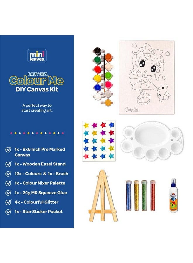 Mini Leaves Mini Leaves Colour Me Baby Girl DIY Canvas Art Kit 8 x 6 Inch with Wooden Easel, Premium Paint kit for Kids 6+ Years, Brush, Glitters | Beginner DIY Canvas Kit for Kids Ages 6-8- Single Piece  - Image 2