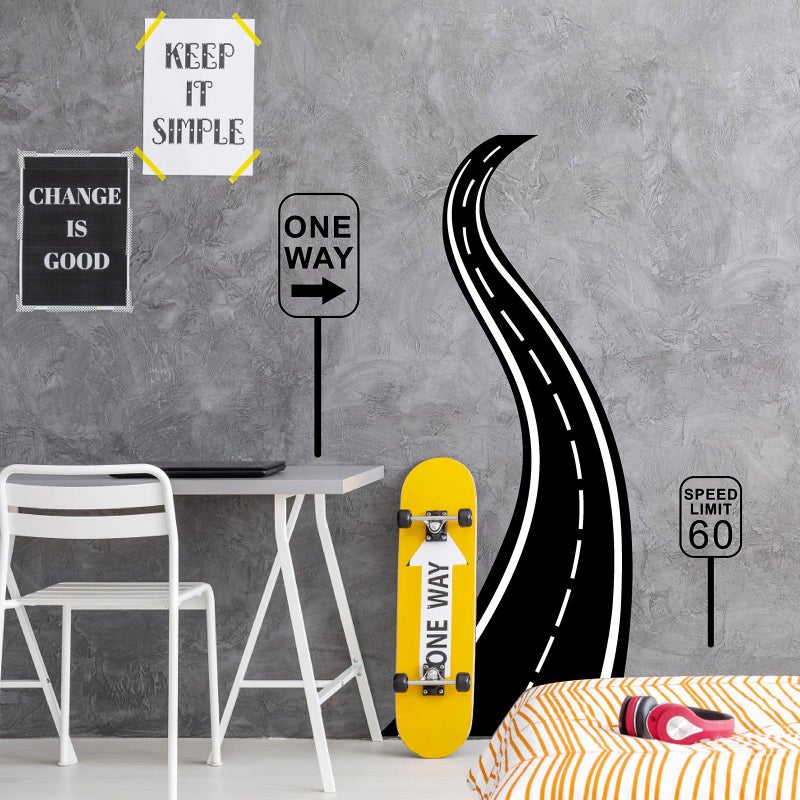 Road Sign Wall Decals Large Road Wall Stickers Vinyl Road Street Wall Decals Black Art Highway Stickers Road Race Track Wall Stickers for Kids Room Car Theme Boys Bedroom Decor