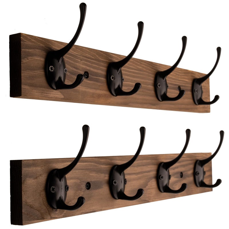 VERTORGAN Coat Hooks Wall Mounted, Wooden Hat Rack with 4 Hooks for Entryway, Bathroom,Bedroom(2 Pack,Brown) - Image 1