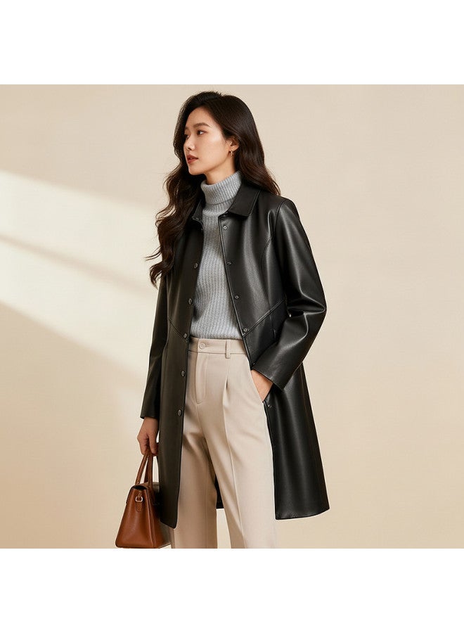 Fapai Spring/autumn Fashion Lapel Snap Button Genuine Leather Long Coat Women's Leather Jacket - Image 3