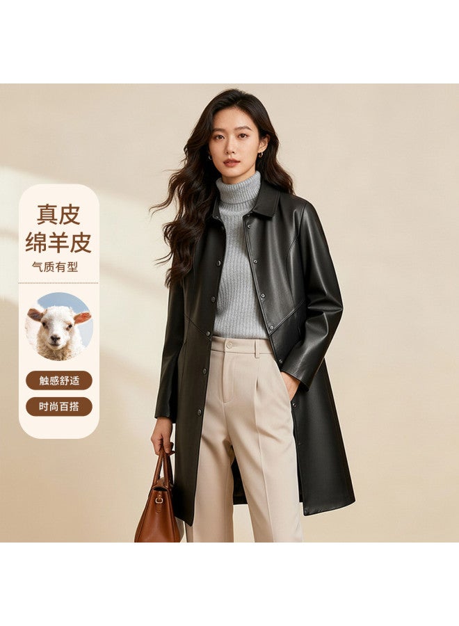 Fapai Spring/autumn Fashion Lapel Snap Button Genuine Leather Long Coat Women's Leather Jacket - Image 2
