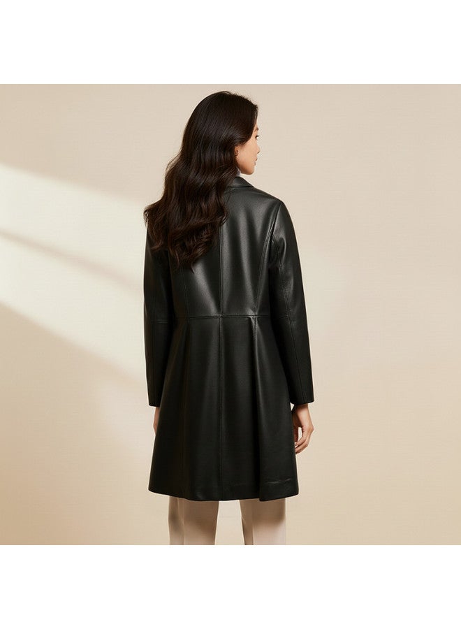 Fapai Spring/autumn Fashion Lapel Snap Button Genuine Leather Long Coat Women's Leather Jacket - Image 5