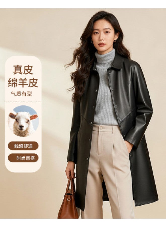 Fapai Spring/autumn Fashion Lapel Snap Button Genuine Leather Long Coat Women's Leather Jacket - Image 1