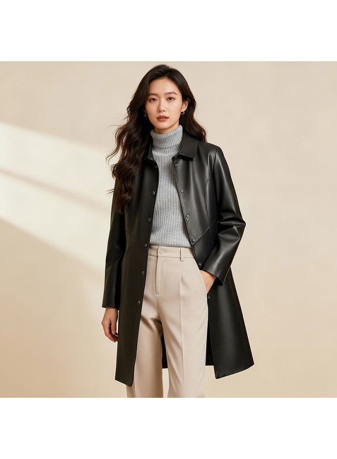 Fapai Spring/autumn Fashion Lapel Snap Button Genuine Leather Long Coat Women's Leather Jacket - Image 4