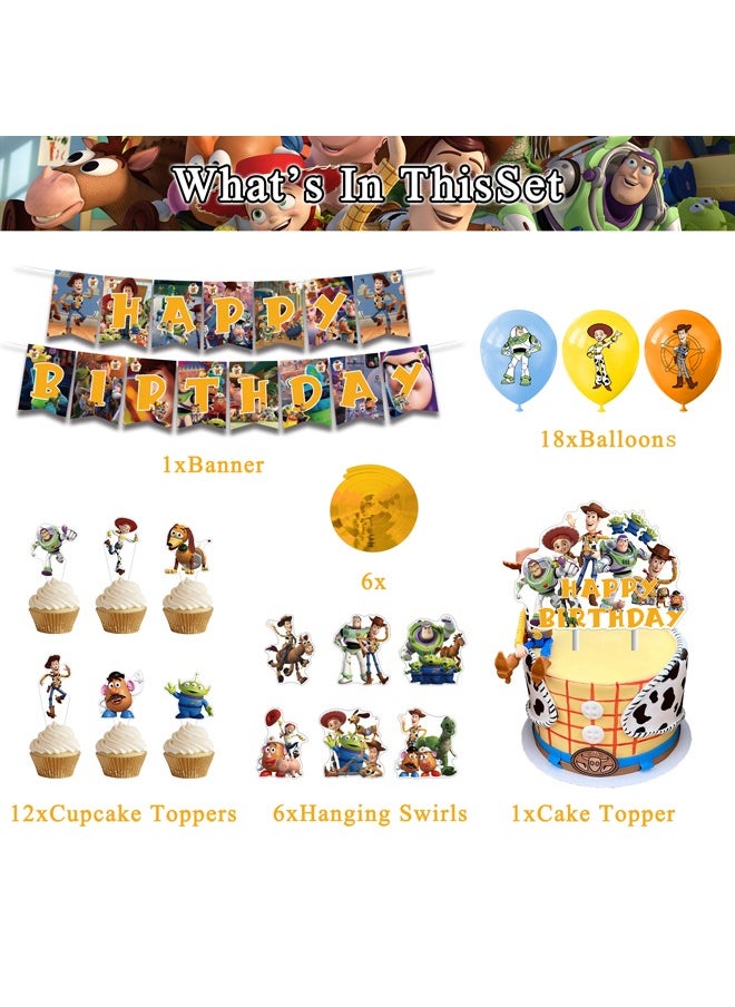 Zeemey - Toy Story Theme Balloon Set with Happy Birthday Banner,Cake Topper,Hanging Spins,Perfect for Graduation Baby Shower Birthday Bachelorette Party Backdrop Decoration,Suitable for Indoor and Outdoor - Image 1