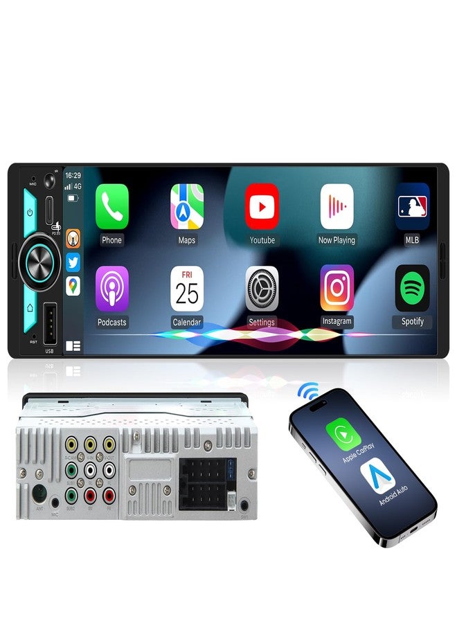 AKAMATE نظام ستيريو لاسلكي أحادي DIN يدعم CarPlay: راديو بشاشة لمس لاسلكية 6.5 بوصة يعمل بنظام Android Auto للسيارة - شاشة بلوتوث مدمجة، 300 واط، 4.2 قناة، مخرجان لمضخم الصوت، منفذ USB من النوع C للشحن السريع، عجلة قيادة قابلة للتعديل - Image 1