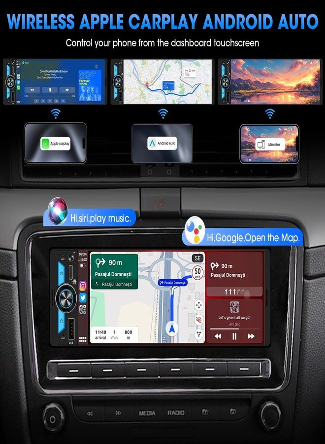 AKAMATE نظام ستيريو لاسلكي أحادي DIN يدعم CarPlay: راديو بشاشة لمس لاسلكية 6.5 بوصة يعمل بنظام Android Auto للسيارة - شاشة بلوتوث مدمجة، 300 واط، 4.2 قناة، مخرجان لمضخم الصوت، منفذ USB من النوع C للشحن السريع، عجلة قيادة قابلة للتعديل - Image 2