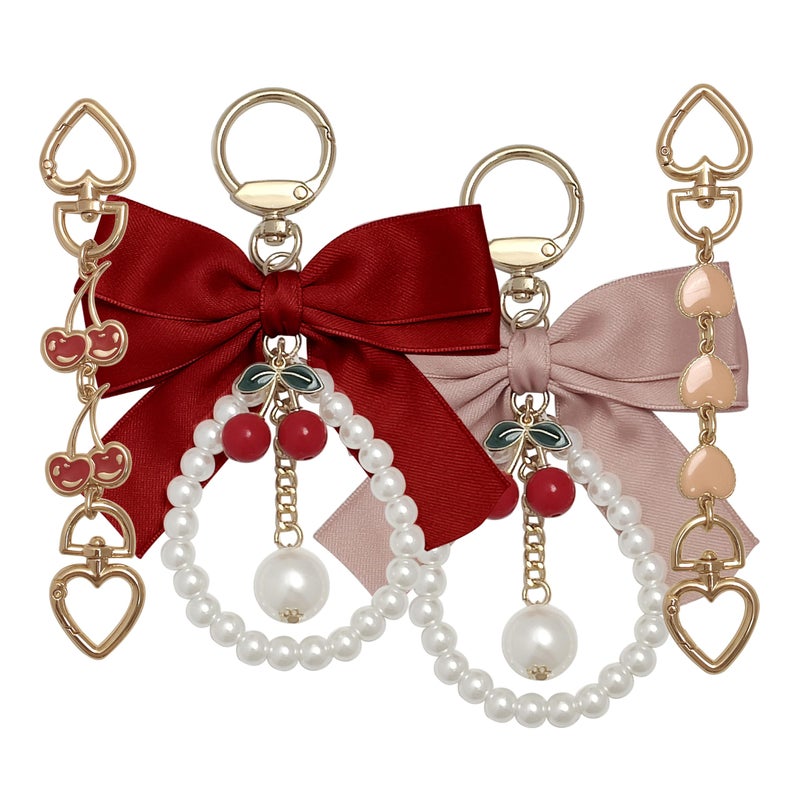 Nalefow 4Pcs Purse Extender Chain & Bow Keychain Kit - 2 Extender Chains & 2 Bow Charms - Handbag Strap Extenders, Replacement Purse Making Supplies, Bag Accessories (Pink & Red Cherry) - Image 1