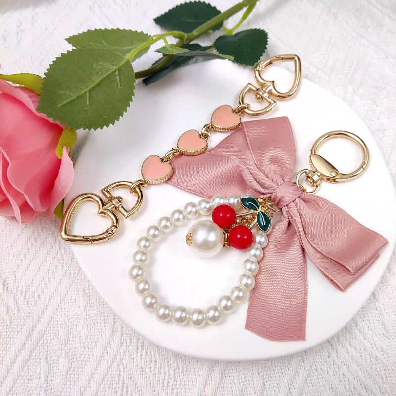Nalefow 4Pcs Purse Extender Chain & Bow Keychain Kit - 2 Extender Chains & 2 Bow Charms - Handbag Strap Extenders, Replacement Purse Making Supplies, Bag Accessories (Pink & Red Cherry) - Image 2
