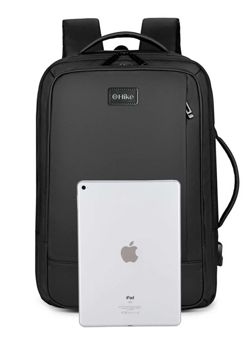 Hike Black Premium Durable Shoulder Backpack Water Resistant Two-Way Loader Expandable Casual Daypack with Built in USB Port for Men and Women, HK1905-BLACK  | Best Price UAE