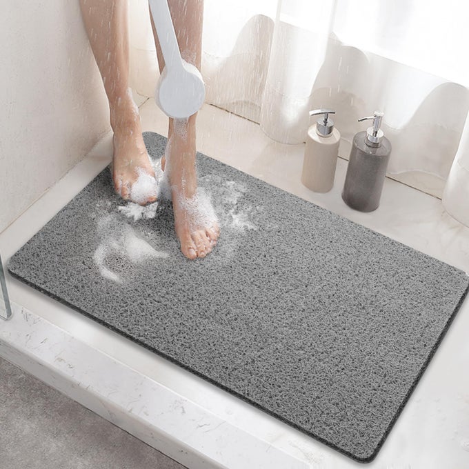 SHOWER MAT NON SLIP 60 X 40 CM NON SLIP BATH MAT WITH DRAIN SOFT PVC LOOFAH SHOWER BATH MAT FOR TUB QUICK DRYING SHOWER MAT FOR BATHROOM GREY