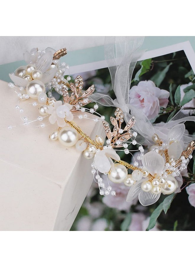 Didder - Flower Tiaras For Girls Flower Girl Headband Headpiece Tiaras For Women Flower Crown Tiaras And Crowns For Women Crystal Pearl Flower Tiara Hair Vine Wedding Hair Accessories For Bride - Image 1