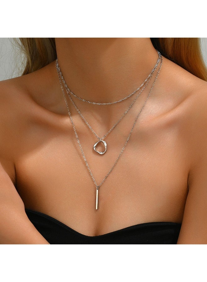 4 Pcs Jewelry Bundle, Multi Layer Necklace + Drop Earrings + 2 Stackable Rings, Women Fashion Jewelry Set - Image 2