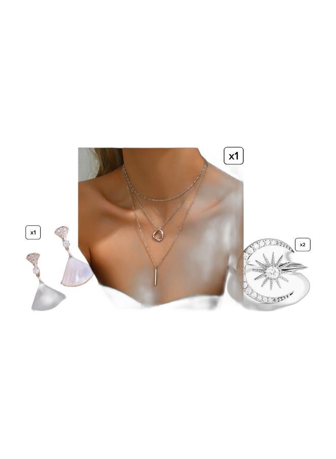 4 Pcs Jewelry Bundle, Multi Layer Necklace + Drop Earrings + 2 Stackable Rings, Women Fashion Jewelry Set - Image 1