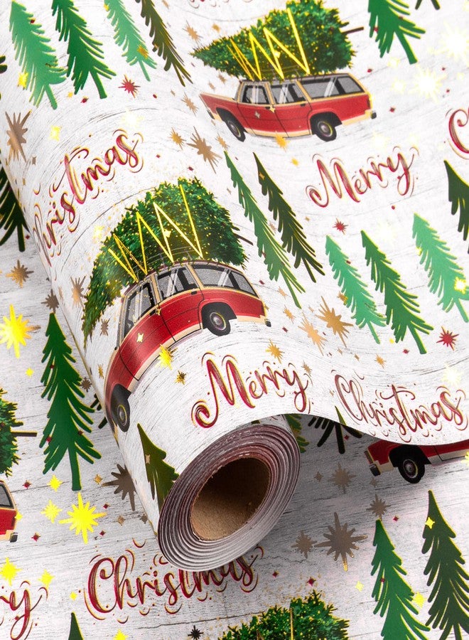 Flyhill Christmas Wrapping Paper Roll-17 Inch X 33 Feet-46.8sqft-Metallic Sparkle Star with Red Car Truck,Trees,Merry Christmas Letters Design for Birthday,Origami,Party - Image 1