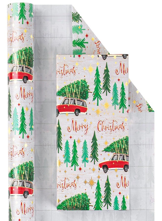 Flyhill Christmas Wrapping Paper Roll-17 Inch X 33 Feet-46.8sqft-Metallic Sparkle Star with Red Car Truck,Trees,Merry Christmas Letters Design for Birthday,Origami,Party - Image 2