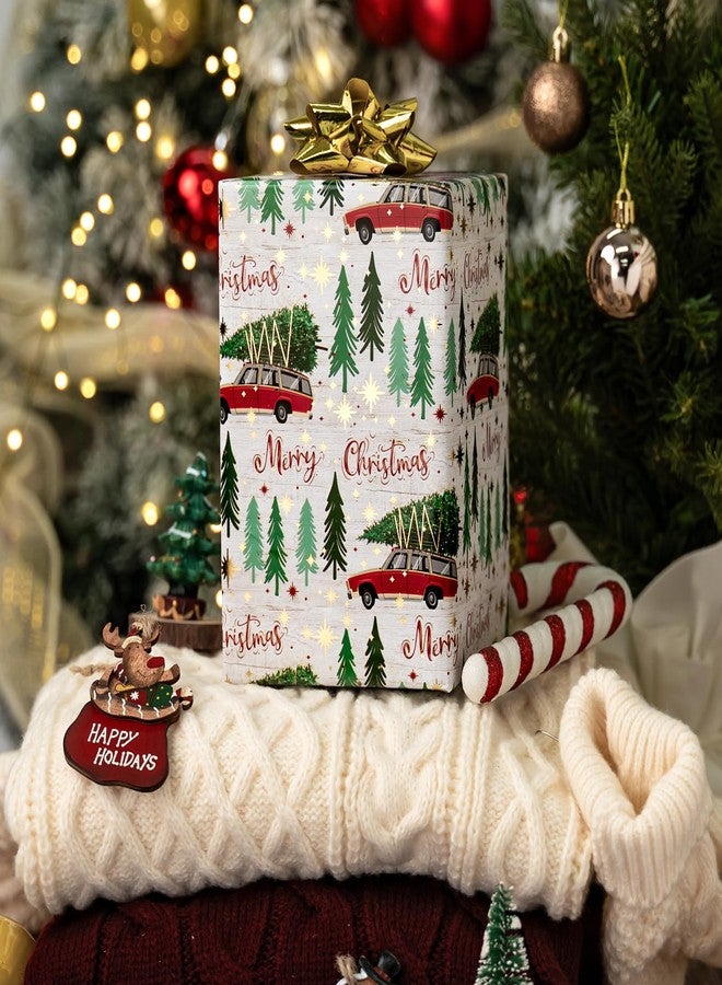 Flyhill Christmas Wrapping Paper Roll-17 Inch X 33 Feet-46.8sqft-Metallic Sparkle Star with Red Car Truck,Trees,Merry Christmas Letters Design for Birthday,Origami,Party - Image 5